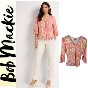 Bob Mackie 100% silk blouse with a pink, peach, and yellow retro floral print. 6